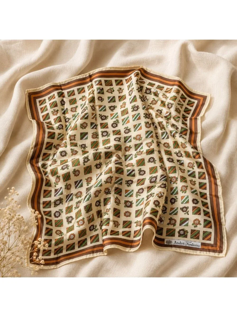 Vintage André Fantasies Silk Scarf Floral Geometric Signed Square Neck Fashion